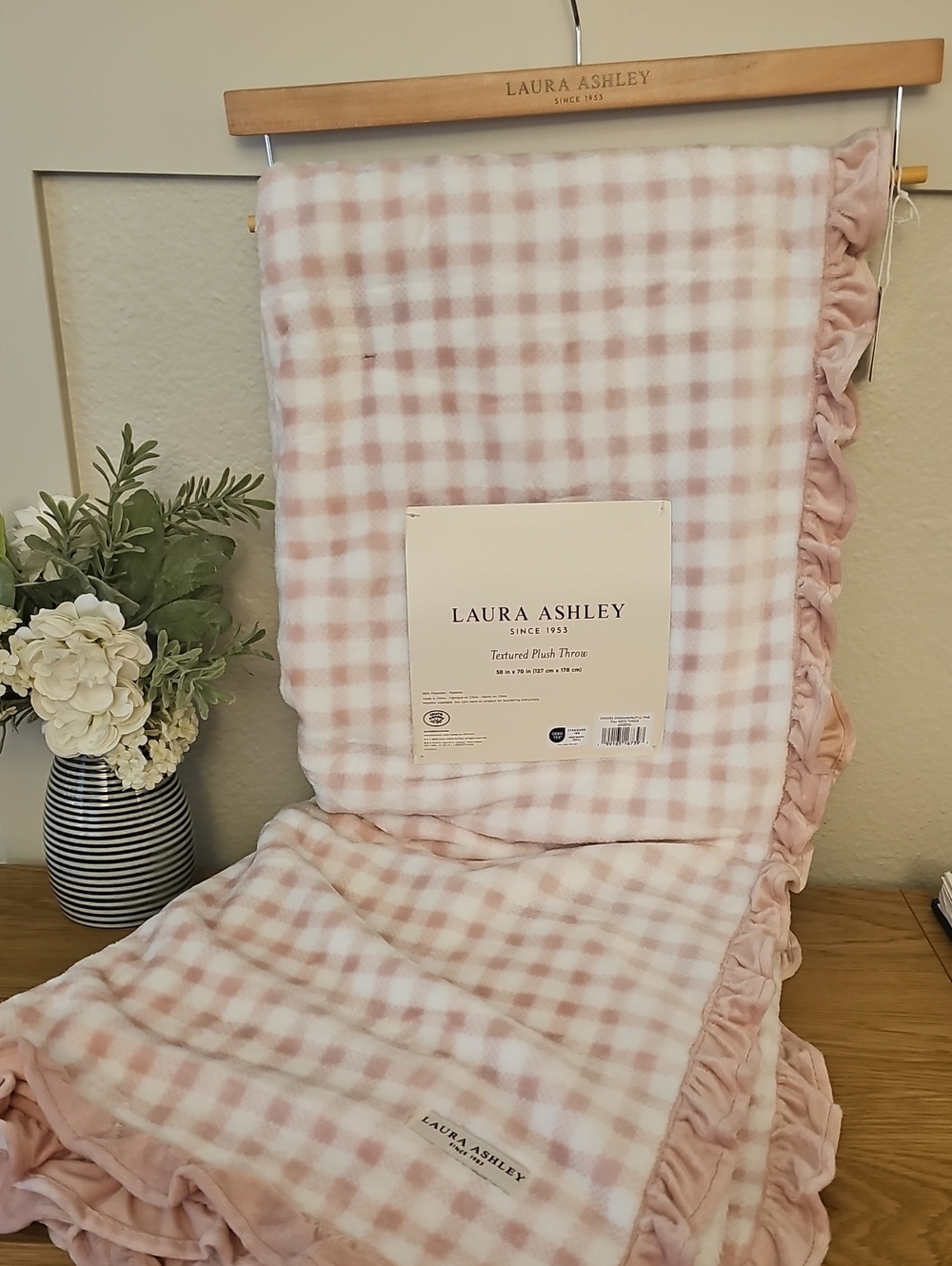 Laura Ashley Pink Gingham Ruffle Plush Throw Blanket NWT Coquette Cottagecore